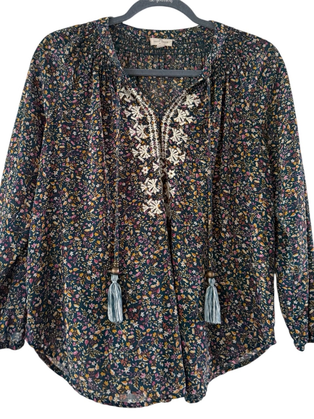 Mason & Belle Navy Floral Embroidered Tassel Peasant Blouse